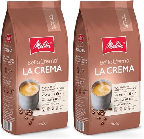Melitta BellaCrema La Crema Café en grain 1kg, non moulu, café en grain pour machines à café, torréfaction moyenne, torréfié en Allemagne, intensité 3 (Lot de 2)