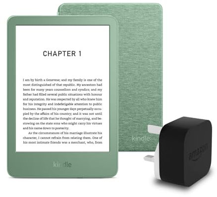 Kindle (2024 Release) 16 GB without ads, an Amazon Fabric Cover and an Amazon Powerfast 9W Power Adapter
