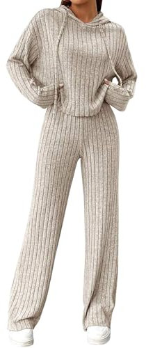 EFOGEP Damen Lounge Set: Trainingsanzug 2PCS Schlafanzug Rippenstrick Kapuzenpullover Oberteil und Hose mit weiten Beinen Pjs Freizeitanzüge Jogginganzug Loungewear Nachtwäsche Homewear Aprikose XL