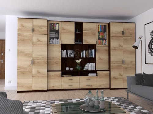 e-Meblast Wohnwand Wohnzimmer Möbel Sawa - Modern Schrankwand 390 cm Wohnzimmerschränke - Kleiderschrank Kleiderstange RTV Nische Unterschränke Erweiterungen (Dunkel Sonoma/Eiche Grand)