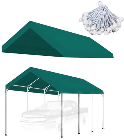 TGEHAP 10'x20' Upgraded Carport Replacement Canopy Cover for Car Garage Shelter Tent with Ball Bungees Green (Only Top Cover, Frame is not Include)