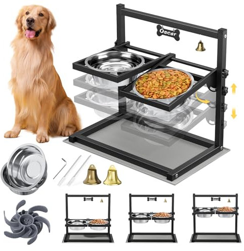 Gamelle Chien Surélevées de 3 Hauteurs Ajustables et Inclinaison de 0-90°, Gamelle pour Chien avec 2 Bols en Acier Inoxydable et Tapis Anti-éclaboussures, Convient aux Petits, Moyens et Grands Chiens