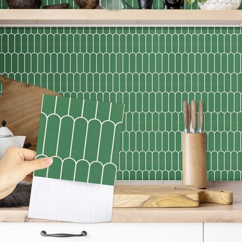 Fantasnight Tile Stickers Green Stick on Tiles Matt Wave 15x15cm 12Pcs | Vinyl Self Adhesive Wall Waterproof Peel and Stick Backsplash for Kitchen Bathroom