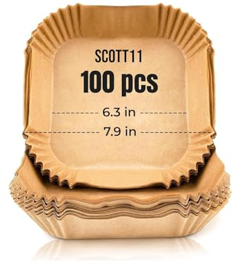 Scott 11 Air Fryer Liners – 6.3 inch Square, 100 Pcs Greaseproof Baking Parchment Paper, Non-Stick Air Fryer Accessories, Compatible with Russell Hobbs, Tower, COSORI, Ninja, Philips