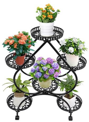 4-stufiger Pflanzenständer Metall, Blumentreppe Herzförmig, Pflanzenregal mit 6 Topfpflanzenständer, Blumentopfständer für Innen Außen, Blumenregal Leiter für Balkon Wohnzimmer Garten, Schwarz