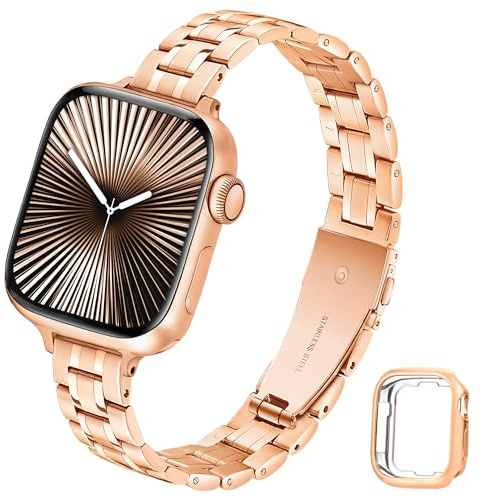 Light House Metal Strap with Soft Case Compatible with Apple Watch Series 9 8 7 Se 6 5 4 3 2 1. Adjustable Stainless Steel Metal Apple Watch 41/40/38mm, Slim Fashion Design for Women Men, Rose Gold