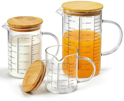 BRRDAQU 3 PCS Verre Doseur, 250/500 / 1000ML Verre Doseur Gradué Pichet Gobelet Doseur Transparent, Verres Borosilicate Resistant, avec Couvercle et Anse, pour Pâtisserie Cuisine Maison