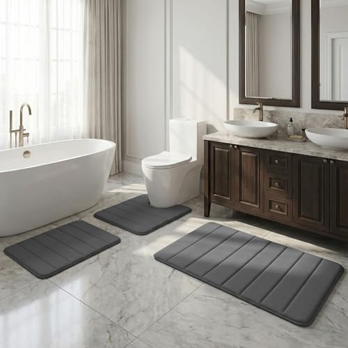 Xtrillogen 3-Teilig Badezimmerteppich Set,aus Memory Foam Badematten,U Förmige WC Vorleger,Weiche Mikrofaser Bad Teppich,Waschbar Badteppich Set,rutschfest Saugfähig Bathroom Mat(Dunkelgrau)