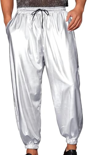 Pantalones Brillantes para Hombre, Pantalones de Disco metálicos con cordón Bolsillos, Pantalone de Hip-Hop holográfico Cuero sintético Cintura Media, Pantalone Longitud Completa con Efecto elásticos
