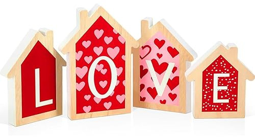 Valentines Day Decorations 4PCS Valentine House Shaped Wooden Tiered Tray Sign Table Decor Tabletop Wood Centerpiece Romantic Sweet Love Shack Decoration for Wedding Engagement Party