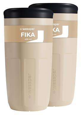 Wessper Vaso reutilizables de 400 ml, Taza con Tapa para Bebidas Calientes y Frías, para Llevar, Cabe en el Portavasos del Coche, Sustituta de los Envases Desechables - 2 Unidades - Beige