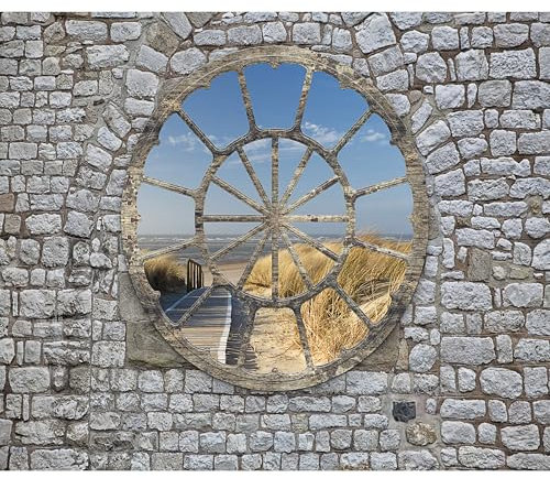 decomonkey Fototapete Strand Meer Landschaft 400x280 cm XXL Design Tapete Fototapeten Tapeten Wandtapete moderne Wand Schlafzimmer Wohnzimmer Fensterblick Steinwand Stein