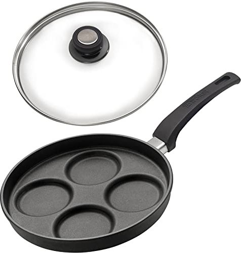 Eurolux Spiegelei Pfanne Ø 26 cm Induktion Set mit Deckel (Edelstahlrand) - induktive 4-Loch-Augenpfanne Aluguss - Muldenpfanne mit Antihaft-Beschichtung - Made in Germany