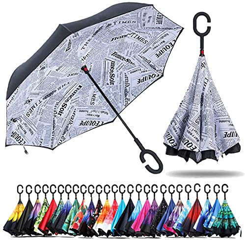 Parapluie inversé double couche NNY Inc,Parapluie pliant pour voiture,Coupe-vent,Protection UV,Grand format,Se tient à l'envers,Droit,Parapluie pour homme et femme,En forme de C L newswhite