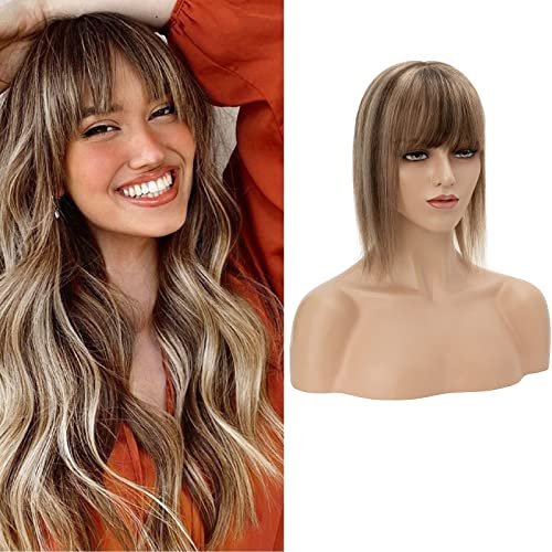 Silk-co Haarteile Echthaar Topper Extensions Clip in Glatt Toupet Haarverdickung Haarverlängerung 7A Human Hair 7x13cm Basis 30cm-38g 4P27# Mittelbraun & Dunkelblond