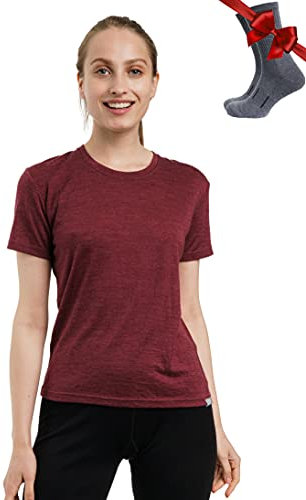 Merino.tech Merino Wool T Shirt Women - 100% Merino Wool Base Layer Womens Short Sleeve Tee + Hiking Sockss (Small, Burgundy Crewneck)