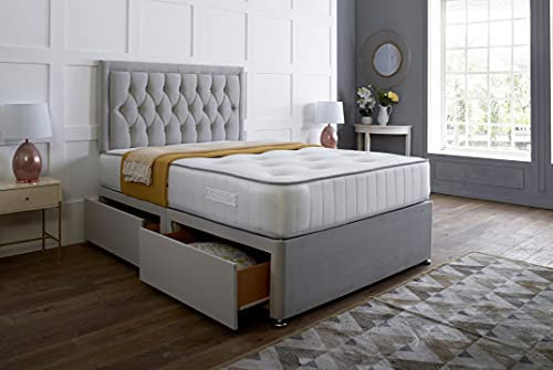 Silver Plush Memory Foam Divan Bed Set With Tufted Mattress, 2 Drawers and Headboard (3FT Single)