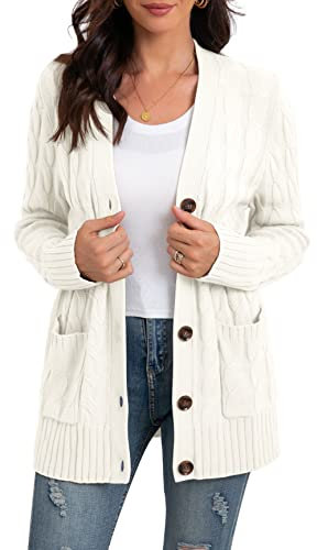GRECERELLE Women's Knit Long Cardigans Jumpers Cardigan with Pockets with Buttons Ladies Loose Long Sleeve Knitwear Oversized Sweater Cardigan for Autumn Winter Spring (White, M)