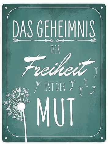Das Geheimnis der Freiheit ist der Mut Metallschild XXL in 28x38 cm dekoratives Metallschild XXL in 28x38 cm mit inspirierendem Spruch und Pusteblume als Dekoration für dein