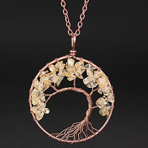 LKUI Collier Pierre Naturelle, Citrine Quartz Cristal Guérison 7 Chakra, Arbre De Vie Pendentif, Femmes Filles, Jaune, Cuivre, Collier