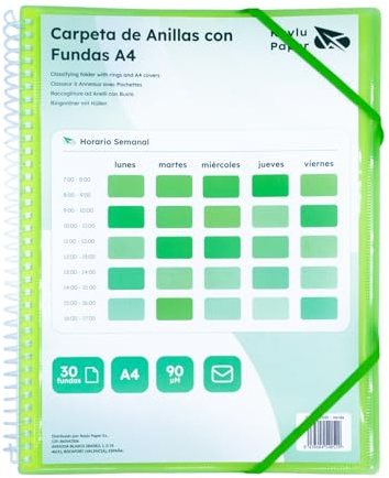 RAYLU PAPER - Sortiermappe mit Ringen mit A4 Klarsichthüllen 90 Mikron und Umschlag mit Klettverschluss, personalisierbarer Deckel, 100% biologisch abbaubar (30 Hüllen, grün)