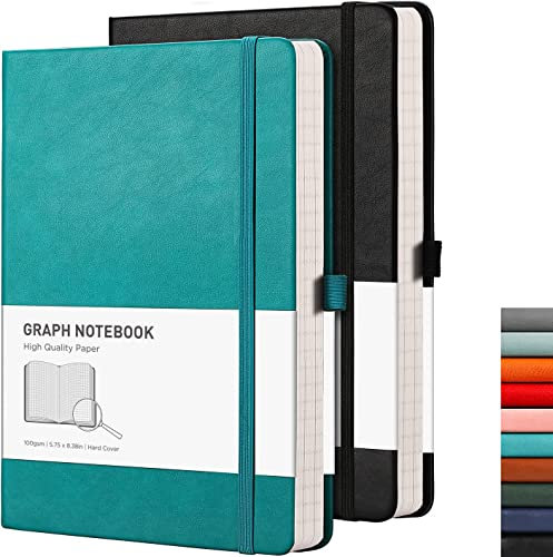 RETTACY Graph Paper Notizbuch A5 2 Stück – 384 Seiten kariert Notizbuch mit 100 g/m² Millimeterpapier, Stifthalter, Innentasche, für Büro, Schule, Arbeit, Damen und Herren, Arbeit, 14,5 x 21 cm –