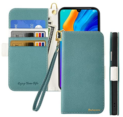 Butnyeoe Handyhülle für Huawei P30 Pro Klappbar Hülle,Litschi Textur Leder Wallet Schutzhülle Tasche Flip Cover Case,Magnetic Closure Klapphülle mit Kartenfach Standfunktion,Blau Grün