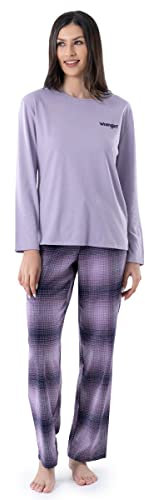 Wrangler Women's Jersey Top and Flannel Pant Sleep Pajama Set, Lilac/Ombre Plaid, Large