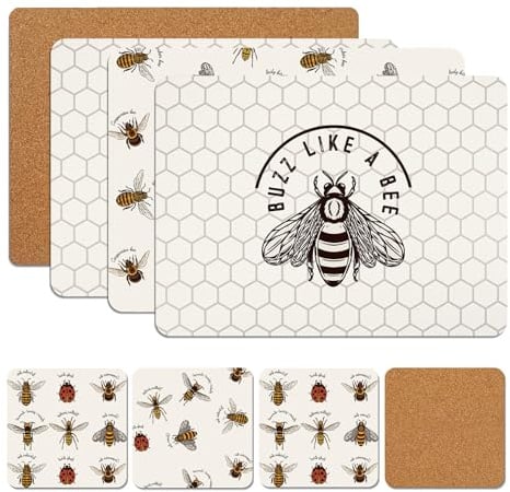 Placemats & Coasters Heat Resistant Dining Mats Set of 8 (Bumble Bees - 2) | Heat Resistant Cork Placemats And Coasters Set Of 8 For Dining Tables, Kitchens And Christmas Decor & Practical (21.5 x 29cm)