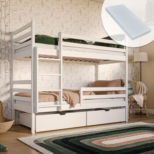 Hochbett 90x200 cm mit 2 Matratzen und 2 Schubladen Etagenbett mit Rausfallschutz und Lattenrost, umbaubar in Zwei Kinderbetten, aus Vollholz massiv in weiß, Funktionsbett Kinderbett