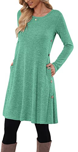 MOLERANI Jumper Dress for Women Long Sleeve Dress Ladies Button Casual Tunic Dress with Pockets Green Size 12-14 M
