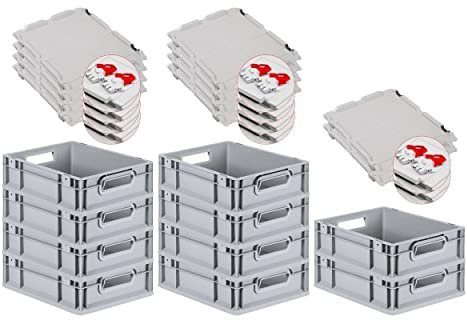 PROREGAL SuperSparSet 10x Eurobox NextGen Grip mit Scharnierdeckel und roten Schiebeschnappverschlüssen, HxBxT 12x30x40cm, 11 L, Grau, Griffe offen, Eurobehälter, Transportbox