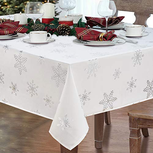 Yrendenge Wasserabweisend Weihnachtstischdecke 200x140, Rechteckige Weihnachten Tischdecke, Groß Esstischdecke Abwaschbar Weihnachts Tischdecke Tischtuch, Weiß mit Silber Schneeflocken Motiv