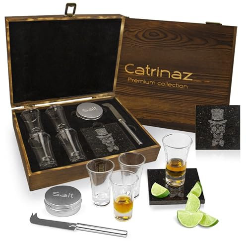 Catrinaz® – Tequila-set – Premium Shotgläser set – 6 cl – 4 Stück Schnapsgläsern – Schneidstein – Schneidmesser – Salzdose – mexikanischer Totenkopf – luxuriöse Geschenkbox aus Holz