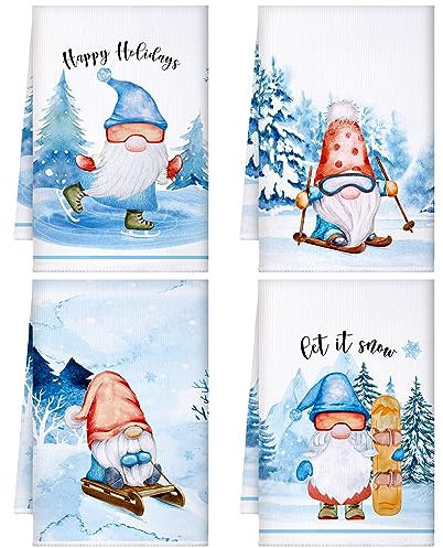 Tegeme 4 Stück Winter-Küchentücher, Winter-Geschirrtücher, Let It Snow-Zwerg, 40,6 x 61 cm, tägliche saisonale Weihnachtsdekoration, Handtücher für Küchendekoration und Zubehör