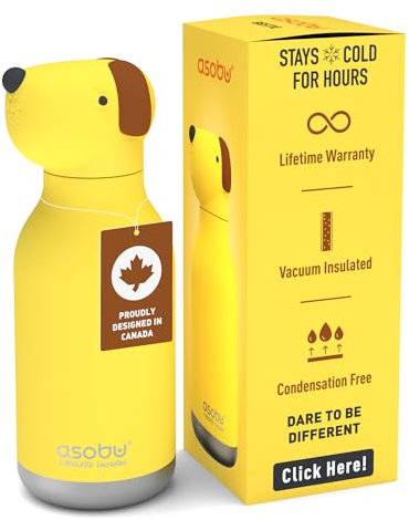 asobu Bestie Borraccia termica in acciaio inox, con testa a forma di animale morbido, rimovibile, per bambini e ragazzi, con cannuccia flessibile, riutilizzabile, da 40 ml (cane)