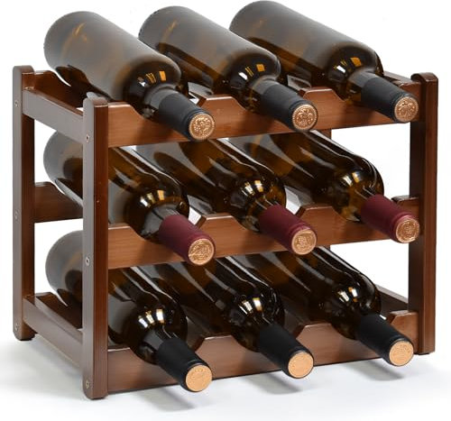 IWTTWY Wine Rack, 3 Tier 9 Bottles Wine Holder Free Standing, Wooden Wine Bottle Holder Wine Display Shelves for Cupboard Home Kitchen Pantry Wine Cellar(L36x W23.5x H25cm)
