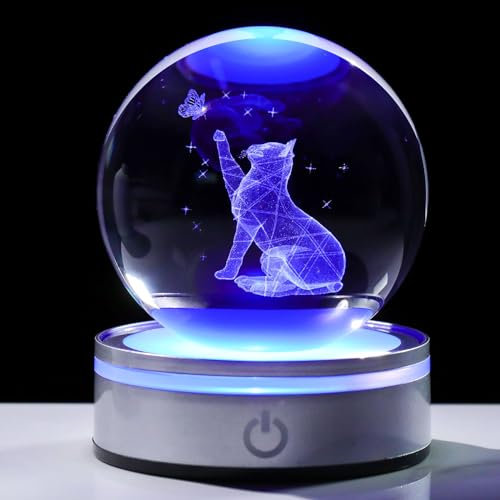 Movdyka Katzenliebhaber-Geschenke für Damen und Herren, 3D-Kristallkugel, Katzenfiguren, Heimbüro-Dekoration, Nachtlicht, Schneekugeln, Geschenke für sie zu Weihnachten, Geburtstag, 8 cm