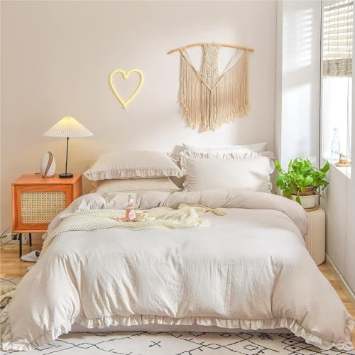 Freyamy Bettwäsche 135x200cm 2teilig Beige Rüschen Romantisch Mädchen Bettwäsche Uni Plisseefalten Chic Bettwaren-Sets Gewaschene Microfaser Bettbezug mit Reißverschluss und Kissenbezug 80x80cm