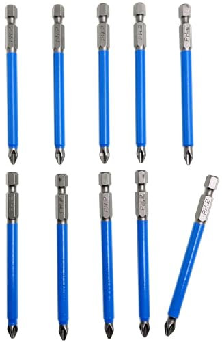 XMHF Juego de 10 puntas de destornillador cortas Phillips antideslizantes PH2 con vástago hexagonal de 90 mm de longitud, acero S2 con punta magnética para destornillador eléctrico, taladro de