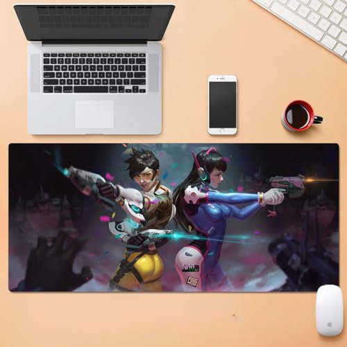 Overwatch Grand tapis de souris de jeu XXL avec base en caoutchouc naturel antidérapant durable, tapis de clavier lisse et imperméable, pour joueur, bureau et maison (D.Va et Tracer)