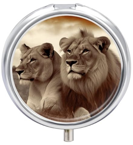 Runde Pillendose, afrikanischer Löwe und Löwin-Druck, 3 Fächer, Medikamentendose, bedruckter Pillen-Organizer, dekorativer Metall-Pillendose, tragbare Pillendose