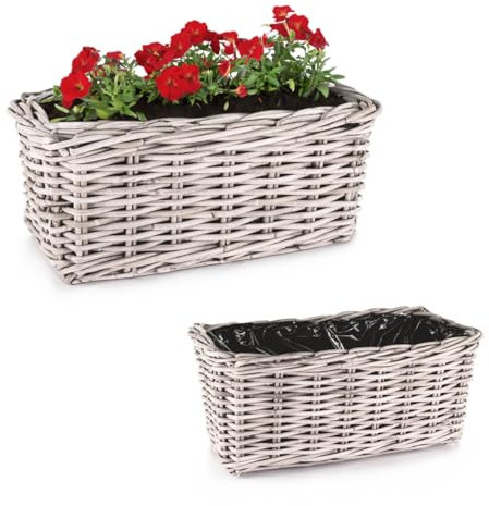 Kubu Lot de 2 pots de fleurs carrés en rotin de qualité supérieure - Résistants aux intempéries - 32, 48 cm - Grands paniers à fleurs et pots de plantes