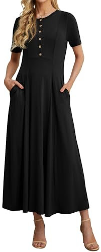 GRECERELLE Summer Maxi Dress with Pockets Ladies Casual T Shirt Jersey Dress for Women UK with Button Round Neck and Short Sleeve (Black, XXL)