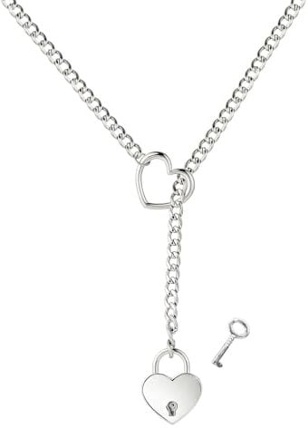 Slip Chain Necklace for Women Heart O-Ring Cuban Link Long Necklace Adjustable Lariat Y-Necklace Heart Lock With Key Necklace Punk Gothic Necklace Jewelry For Women, Stainless Steel, No Gemstone