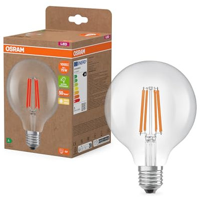 Osram de forme Edison classique, avec filament LED décoratif, classe d'efficacité énergétique A, E27, 5 W, 1055 lm, 4000 K, blanc froid. Sans échauffement, 100% d'éclairage immédiat.