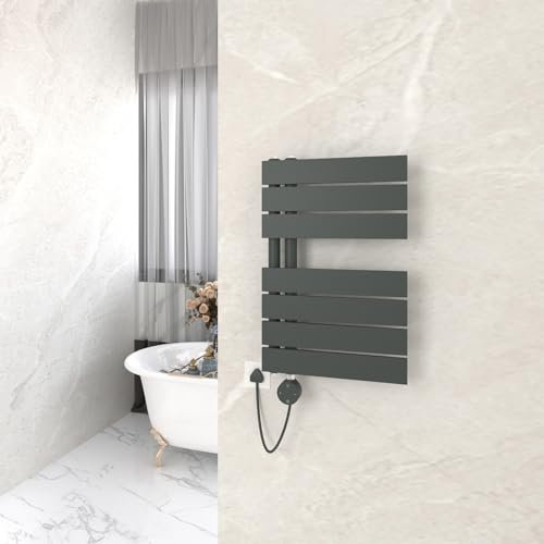 GY Bath Badheizkörper Elektrisch mit Thermostat 616x400mm, Anthrazit Handtuchtrockner Elektrisch Flach Design Handtuchheizkörper Seitenanschluss mit Heizstab Timer Handtuchwärmer 300W