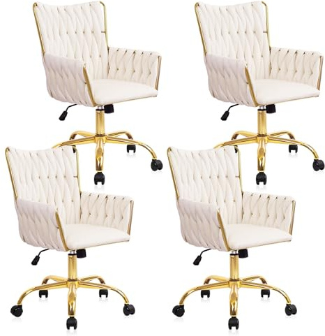 CLATINA Modern Velvet Comfy Make Up Vanity Chair, Cute Girl Armchair with Gold Base & Wheels, Heavy Duty High Back Ergonomic Swivel Desk Chair for Home Office Bedroom Dressing Living Room White 4PK
