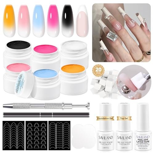 SAVILAND Ombre Gel Nagellack Set: 6 Farben Gradient Blush Effekt Gel Nagellack 10s Fast Easy Pat Painting gel Polish mit Base Top Coat Nail Art Schwämme Metallgreifer Nägel Selber Machen Nail Zubehör