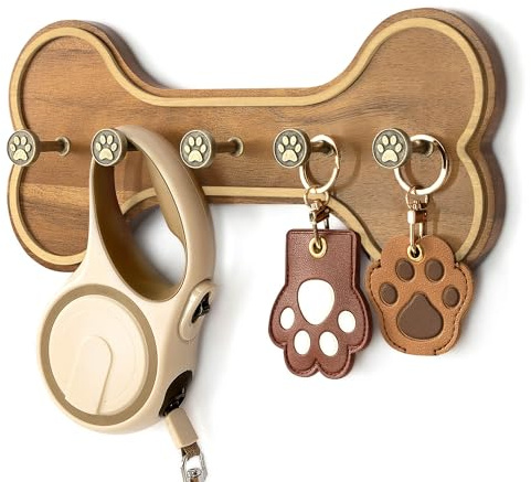 MTERSN Farmhouse Hundeleinen-Halter für die Wand, Hundeutensilien-Organizer und Hundeknochen-Schlüsselhalter, Wandhalterung mit 3D-Welpenpfoten-Haken, niedliche Sachen für Tierliebhaber, Geschenke